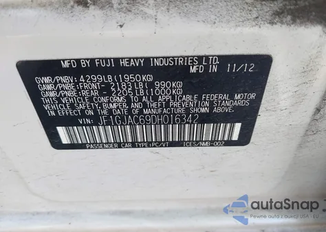 2013 Subaru Impreza 2.0I Premium z USA, uszkodzony, nr VIN JF1GJAC69DH016342